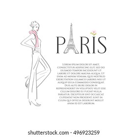 Image of the Eiffel Tower and women. Vector illustration.