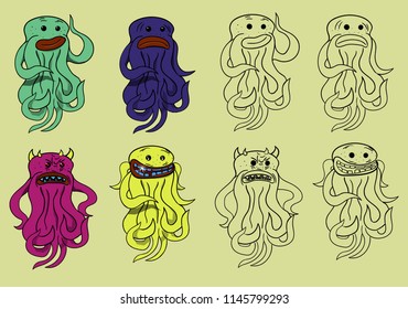 Image of eight cartoon octopuses with different emotions. Some of them are painted.