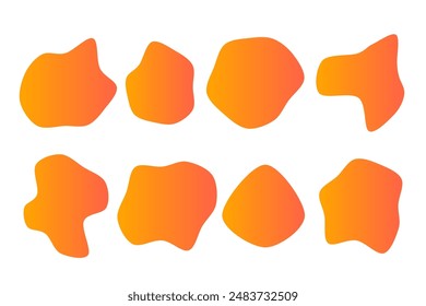 An image of eight orange and yellow abstract shapes, arranged in two rows on a white background. The shapes are organic and flow smoothly from dark orange to light yellow.