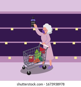 Image of elder buying hand soap at supermarket. Sold out items at market because of corona. Flat design vector.