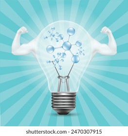 Image of an electric bulb with molecules inside and strong arm muscles.