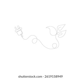image of Electric plug and leaf in one continuous line. Green energy concept that focuses on renewable power.go green logo illustration
