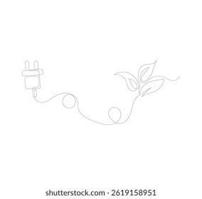 image of Electric plug and leaf in one continuous line. Green energy concept that focuses on renewable power.go green logo illustration