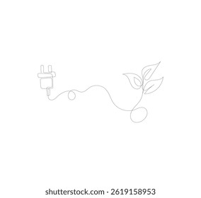 image of Electric plug and leaf in one continuous line. Green energy concept that focuses on renewable power.go green logo illustration