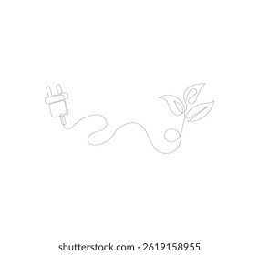 image of Electric plug and leaf in one continuous line. Green energy concept that focuses on renewable power.go green logo illustration