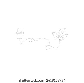 image of Electric plug and leaf in one continuous line. Green energy concept that focuses on renewable power.go green logo illustration