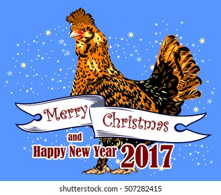 Image of elegant, beautiful, chicken with beautiful feathers and wish Merry Christmas