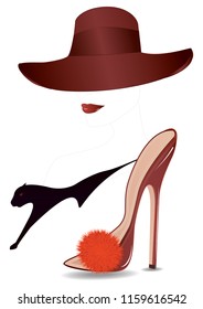 Image of an elegant lady, red lips, hat, high-heeled shoes with fur trim, abstract element - isolated on white - art vector