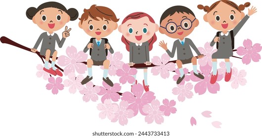 Imagen de niños de primaria con uniformes grises sentados en ramas de cerezo en flor