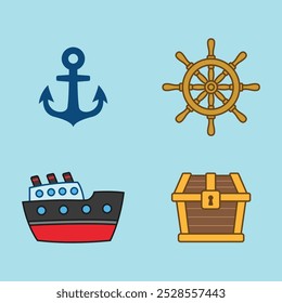 Image elements include anchors, ship's rudders, ships and treasure chests.