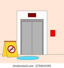 image of an elevator with no wet floors signs. The elevator is empty and the floor is wet
