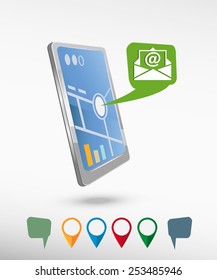Image of an email icon and perspective smartphone vector realistic. Set of bright map pointers for printing, website, presentation element and application mockup.
