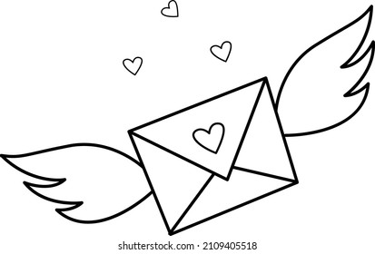 An image of an envelope with a heart and wings. valentine's day.A romantic love message. An element of the decor of a wedding celebration.A simple contour vector, website or mobile application.