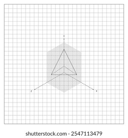 Bild einer gleichseitigen Pyramide auf einem Koordinatengitter auf einem Notizbuchblatt aus kariertem Papier. Schulpapierbogen in einem Käfig mit mathematischen Zeichnung der gleichseitigen Pyramide ausgekleidet. Einfache schwarz-weiße Vektorgrafik