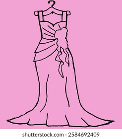 
image of an evening dress, black outline on a pink background, vector