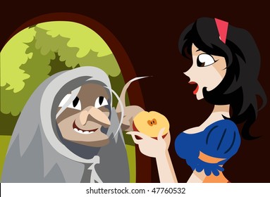 An image of the evil queen dressed up as an old hag offering the poisonous half of the apple to Snow White