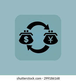 Image of exchange between dollar and yen purses in square, on pale blue background