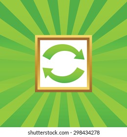 Image of exchange symbol in golden frame, on green abstract background