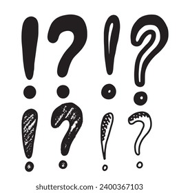 Image of exclamation mark icon and question mark icon in doodle style on white background.