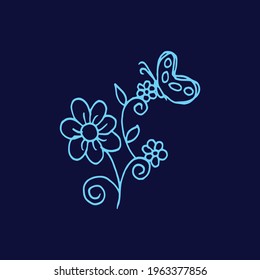 Image exhibits a decorative pattern with beautiful flowers, leaves, and butterflies against a dark blue background, suitable for various design applications requiring floral and natural elements.