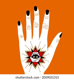 Ein Bild eines Auges in einem Dreieck auf der Hand. Zeichnen nach einer Tätowierung. Silhouette aus weißer Hand auf orangefarbenem Hintergrund. Vektorgrafik. Symbol.