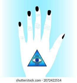 An image of an eye in a triangle on the hand. Drawing for a tattoo. Silhouette of a white hand on a blue background. Vector illustration. Icon.