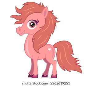 image of a fabulous pink pony. cute little horse with a big mane. flat vector illustration.