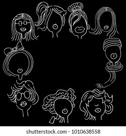 An image of a Faces of Sylish Young Fashion Women Blackboard Doodles.