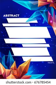 Image of a faceted crystal. Template for design ready for use, aspect ratio of A4 format. Abstract geometric figure on a dark blue. Futuristic banner. 3D style illustration. Vector illustration
