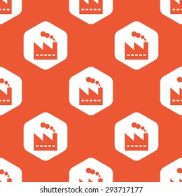Image of factory building in white hexagon, repeated on orange background