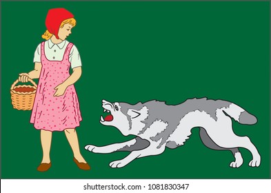 image of fairy-tale characters Little Red Riding Hood and gray wolf on a dark green background
