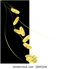 The image of fallen gold coins on black and white background. No 3d effects (vector)