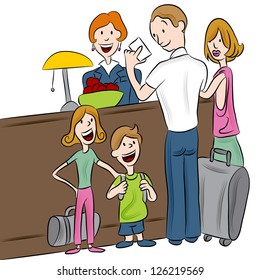 An image of a family checking into a hotel.