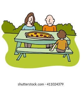 An image of a Family eating pizza at picnic table.