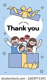 An image of a family of four joyfully inside a gift box.