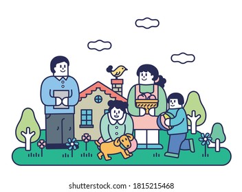 
Image of a family playing in the garden. Vector illustration