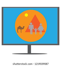 The image of the family, the pyramid, the sun, the camel, the desert in the TV. Background for the designer.