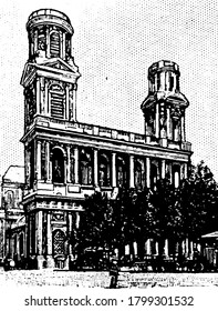 It is a image of a famous church in Paris, famous Paris church is shown in image, having trees surrounding it, vintage line drawing or engraving, vintage illustration.