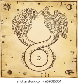 Image of fantastic animal ouroboros with a body of a snake and two heads of a lion and a bird. Symbols of the moon and sun. Background - imitation of old paper. Vector illustration.