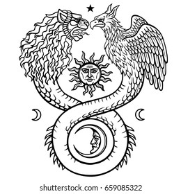 Image of fantastic animal ouroboros with a body of a snake and two heads of a lion and a bird. Symbols of the moon and sun. Print, poster, t-shirt. Vector illustration isolated on a white background.