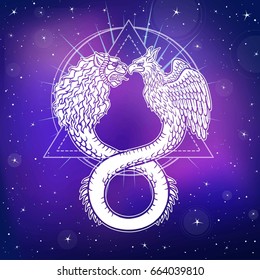 Image of fantastic animal ouroboros with a body of a snake and two heads of a lion and a bird.  Background - the night stellar sky. Vector illustration.
