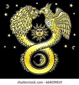 Image of fantastic animal ouroboros with a body of a snake and two heads of a lion and a bird.  Yellow drawing isolated on a black background. Gold imitation. Vector illustration.