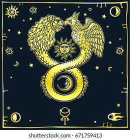 Image of fantastic animal ouroboros with a body of a snake and two heads of a lion and a bird. Esoteric, mysticism, occultism. Gold imitation. Print, poster, t-shirt, card. Vector illustration. 