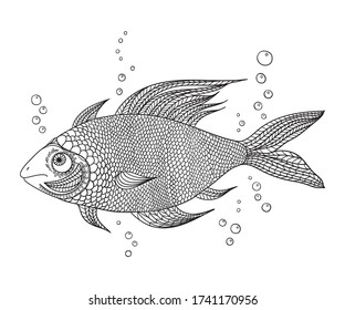 Image of a fantasy fish. Coloring book with patterns and small details for children and adults.