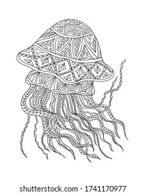 Image of a fantasy jellyfish. Coloring book for children and adults. A beautiful pattern with patterns with small details.