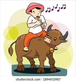 Image of a farmer boy blowing a flute on top of his pet buffalo.

