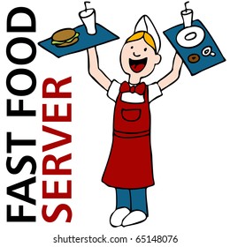 An image of a fast food server worker holding trays of food.