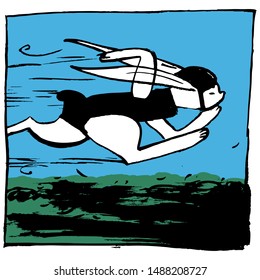 Image of the fastest rabbit in a helmet and a suit against the sky. Color illustration, can be useful in publications, packaging design, on posters and banners.