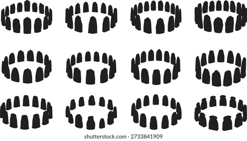 Das Bild zeigt 12 identische schwarze zylindrische Objekte mit vertikalen Linien, die in drei Viererreihen auf einfarbigem weißem Hintergrund angeordnet sind