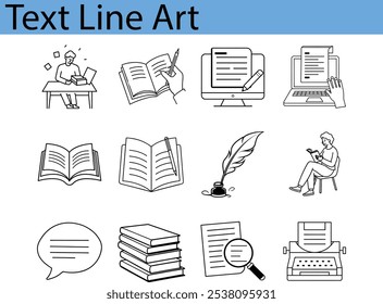 The image features 12 line art illustrations related to text and writing, including a person writing, books, a computer screen, a laptop, a quill and inkwell, a speech bubble, a stack of books, 